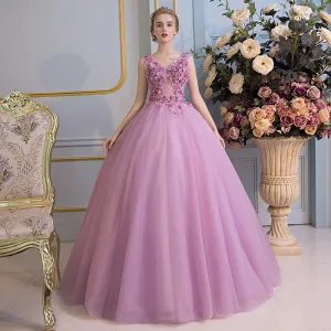 Schöne Ballkleider 2017 Spitze Blumen Applikationen V Ausschnitt Ärmellos Rückenfreies Lange Lila Ballkleid