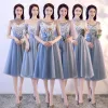 Affordable Sky Blue See-through Bridesmaid Dresses 2018 A-Line / Princess Appliques Lace Bow Sash Tea-length Ruffle Backless Wedding Party Dresses