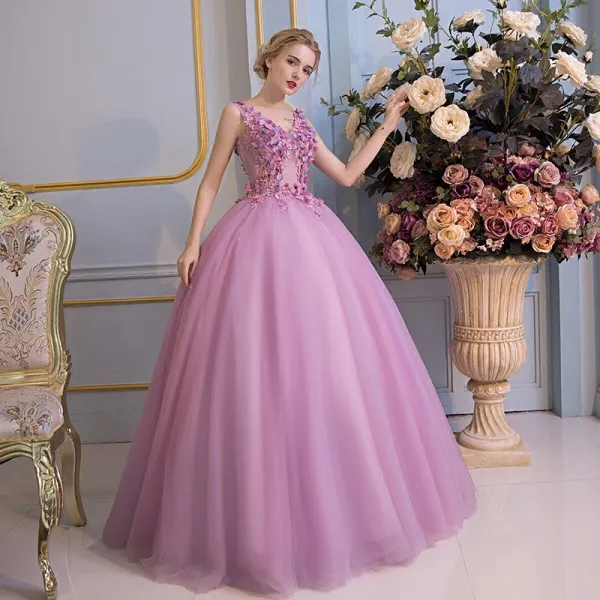 Schöne Ballkleider 2017 Spitze Blumen Applikationen V-Ausschnitt Ärmellos Rückenfreies Lange Lila Ballkleid