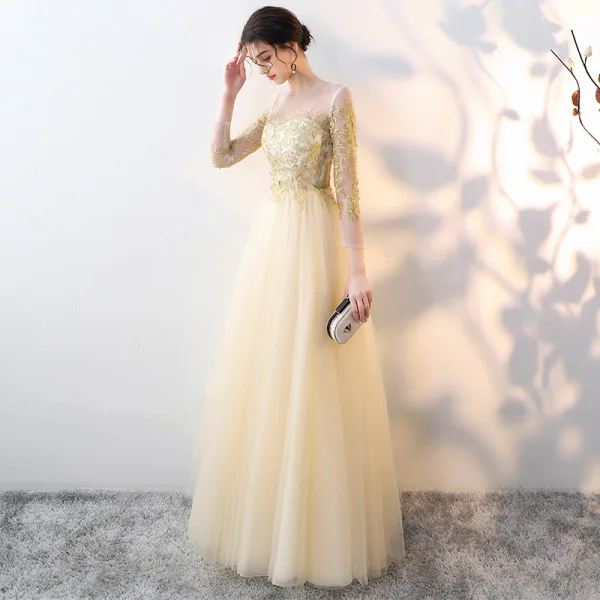 Elegant Gold See-through Evening Dresses 2018 Empire Square Neckline Long Sleeve Appliques Lace Floor-Length / Long Ruffle Formal Dresses