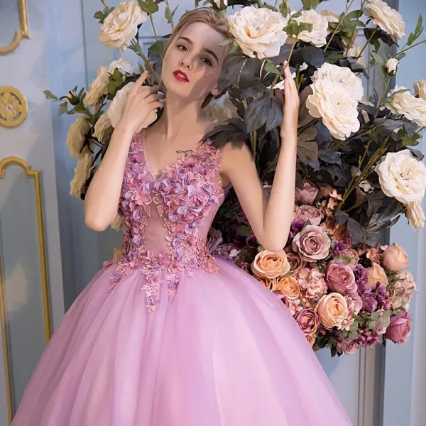 Schöne Ballkleider 2017 Spitze Blumen Applikationen V-Ausschnitt Ärmellos Rückenfreies Lange Lila Ballkleid