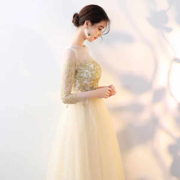 Elegant Gold See-through Evening Dresses 2018 Empire Square Neckline Long Sleeve Appliques Lace Floor-Length / Long Ruffle Formal Dresses