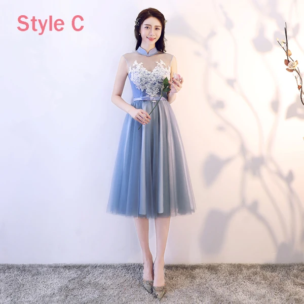 Abordable Bleu Ciel Transparentes Robe Demoiselle D'honneur 2018 Princesse Appliques En Dentelle Noeud Ceinture Thé Longueur Volants Dos Nu Robe Pour Mariage