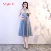 Affordable Sky Blue See-through Bridesmaid Dresses 2018 A-Line / Princess Appliques Lace Bow Sash Tea-length Ruffle Backless Wedding Party Dresses