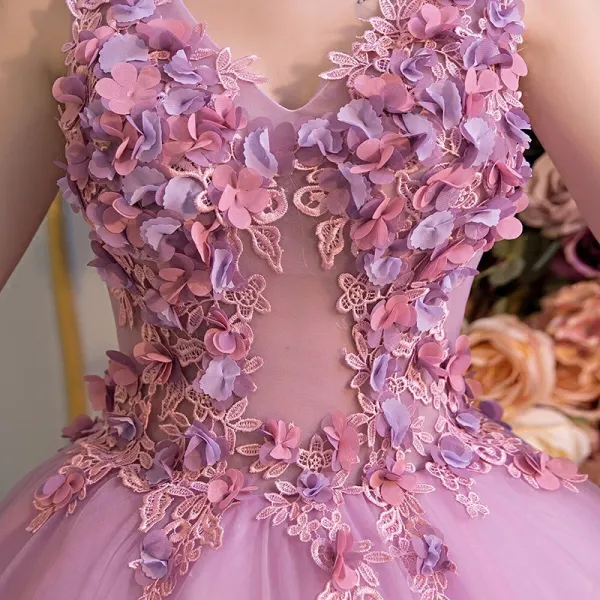 Schöne Ballkleider 2017 Spitze Blumen Applikationen V-Ausschnitt Ärmellos Rückenfreies Lange Lila Ballkleid