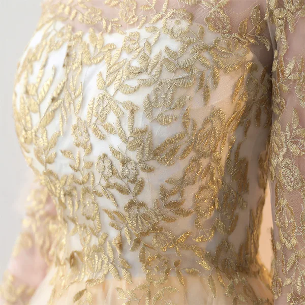 Elegant Gold See-through Evening Dresses 2018 Empire Square Neckline Long Sleeve Appliques Lace Floor-Length / Long Ruffle Formal Dresses