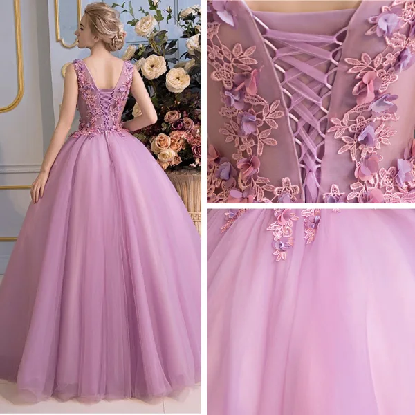 Schöne Ballkleider 2017 Spitze Blumen Applikationen V-Ausschnitt Ärmellos Rückenfreies Lange Lila Ballkleid