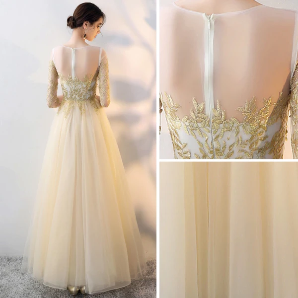 Elegant Gold See-through Evening Dresses 2018 Empire Square Neckline Long Sleeve Appliques Lace Floor-Length / Long Ruffle Formal Dresses