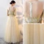 Elegant Gold See-through Evening Dresses  2018 Empire Square Neckline Long Sleeve Appliques Lace Floor-Length / Long Ruffle Formal Dresses