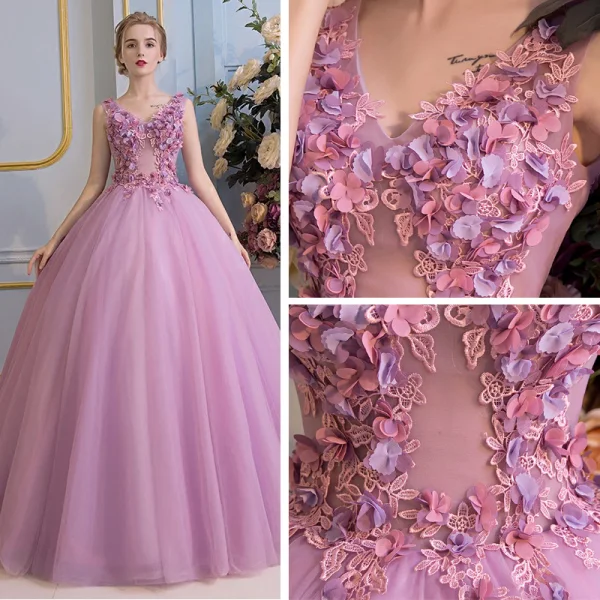 Schöne Ballkleider 2017 Spitze Blumen Applikationen V-Ausschnitt Ärmellos Rückenfreies Lange Lila Ballkleid
