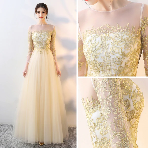 Elegant Gold See-through Evening Dresses 2018 Empire Square Neckline Long Sleeve Appliques Lace Floor-Length / Long Ruffle Formal Dresses