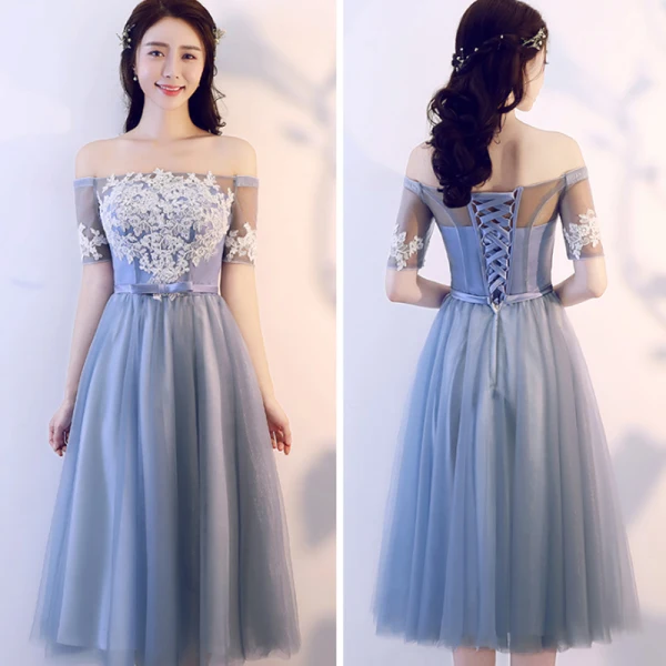 Abordable Bleu Ciel Transparentes Robe Demoiselle D'honneur 2018 Princesse Appliques En Dentelle Noeud Ceinture Thé Longueur Volants Dos Nu Robe Pour Mariage