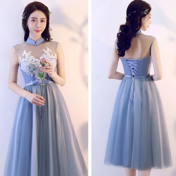 Abordable Bleu Ciel Transparentes Robe Demoiselle D'honneur 2018 Princesse Appliques En Dentelle Noeud Ceinture Thé Longueur Volants Dos Nu Robe Pour Mariage
