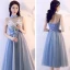 Abordable Bleu Ciel Transparentes Robe Demoiselle D'honneur 2018 Princesse Appliques En Dentelle Noeud Ceinture Thé Longueur Volants Dos Nu Robe Pour Mariage