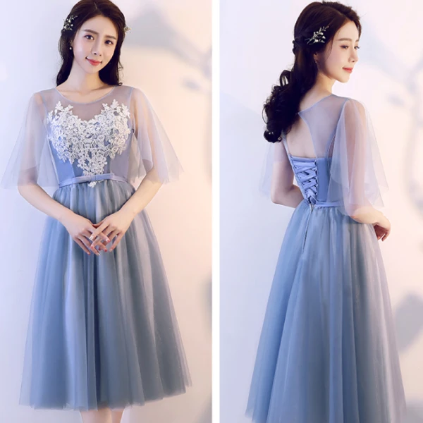 Abordable Bleu Ciel Transparentes Robe Demoiselle D'honneur 2018 Princesse Appliques En Dentelle Noeud Ceinture Thé Longueur Volants Dos Nu Robe Pour Mariage