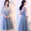 Abordable Bleu Ciel Transparentes Robe Demoiselle D'honneur 2018 Princesse Appliques En Dentelle Noeud Ceinture Thé Longueur Volants Dos Nu Robe Pour Mariage