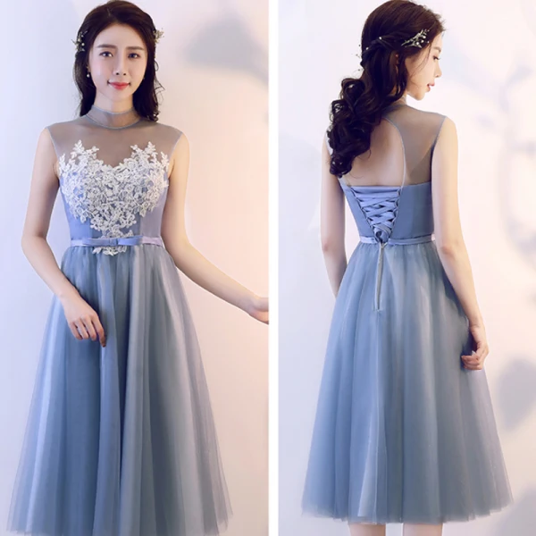 Abordable Bleu Ciel Transparentes Robe Demoiselle D'honneur 2018 Princesse Appliques En Dentelle Noeud Ceinture Thé Longueur Volants Dos Nu Robe Pour Mariage