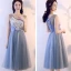 Abordable Bleu Ciel Transparentes Robe Demoiselle D'honneur 2018 Princesse Appliques En Dentelle Noeud Ceinture Thé Longueur Volants Dos Nu Robe Pour Mariage
