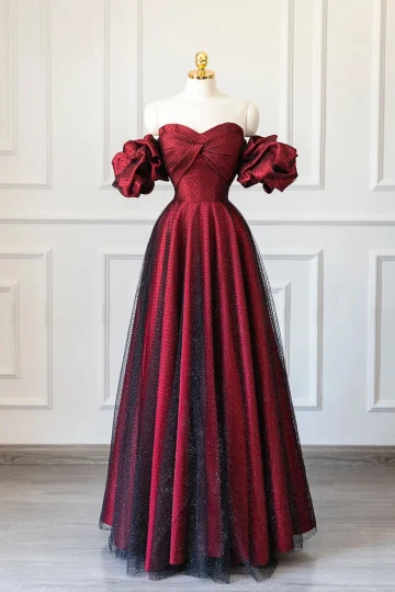 Chic Belle Bordeaux Glitter Tachetée Robe De Bal 2024 Princesse De L Épaule Manches Courtes Dos Nu Longue Robe De Ceremonie