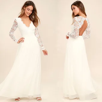 Chic Beautiful Ivory Chiffon Maxi Dresses 2018 A Line Princess V Neck Long Sleeve Ankle Length Ruffle Backless Womens Clothing