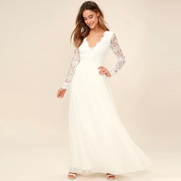 Chic / Belle Ivoire Chiffon Robes longues 2018 Princesse V-Cou Manches Longues Longueur Cheville Volants Dos Nu Vêtements Femme