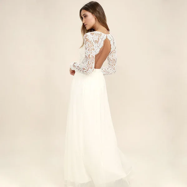 Chic / Belle Ivoire Chiffon Robes longues 2018 Princesse V-Cou Manches Longues Longueur Cheville Volants Dos Nu Vêtements Femme