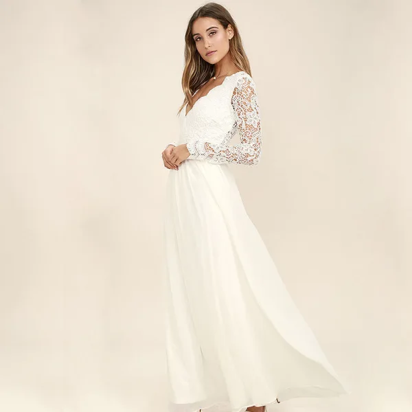 Chic / Belle Ivoire Chiffon Robes longues 2018 Princesse V-Cou Manches Longues Longueur Cheville Volants Dos Nu Vêtements Femme