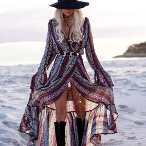 Bohemia Multi Farger Strand Sommer Maxikjoler 2018 V Hals Langermede Printing Blomst Fendue Devant Lange Dameklær
