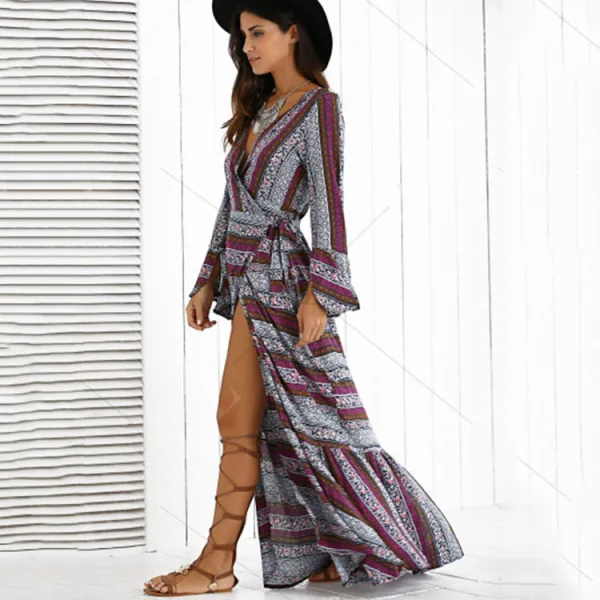 Bohemia Multi-Colors Beach Summer Maxi Dresses 2018 V-Neck Long Sleeve Printing Flower Split Front Floor-Length / Long Womens Clothing