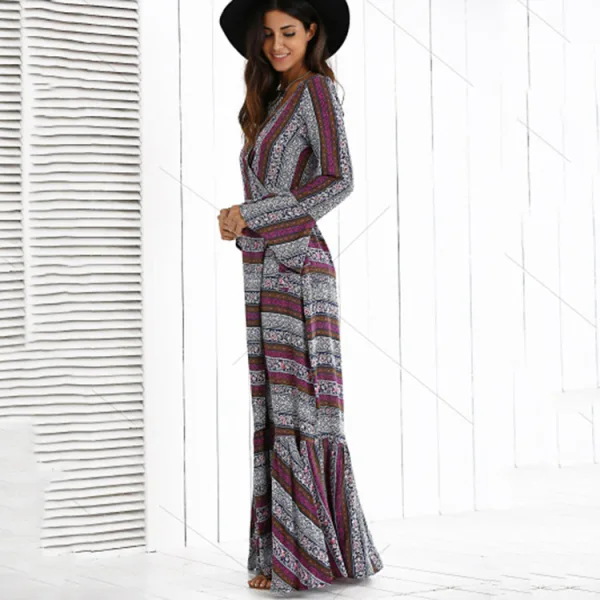 Bohemia Multi-Colors Beach Summer Maxi Dresses 2018 V-Neck Long Sleeve Printing Flower Split Front Floor-Length / Long Womens Clothing