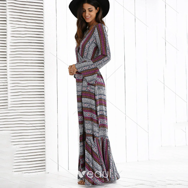Bohemia Multi Colors Beach Summer Maxi Dresses 2018 V Neck Long Sleeve Printing Flower Split Front