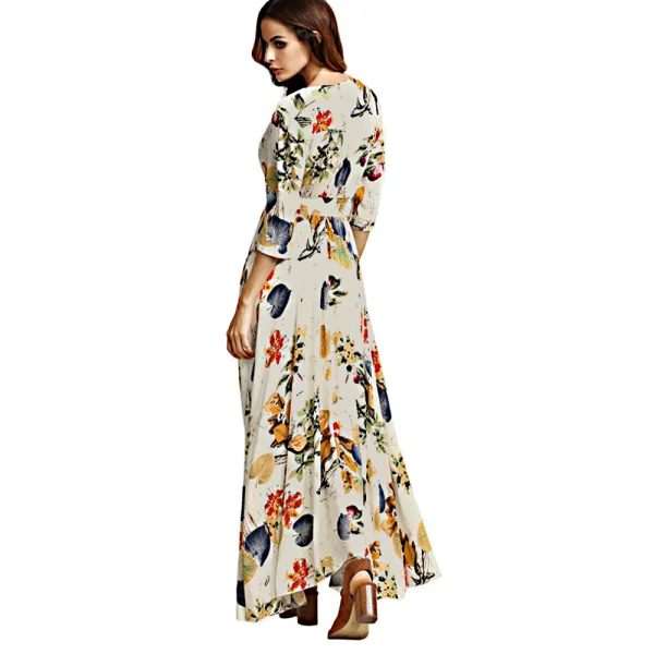 Bohemia Beige Summer Maxi Dresses 2018 Empire V-Neck 3/4 Sleeve Printing Flower Ankle Length Womens Clothing