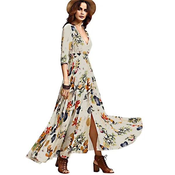 Bohemia Beige Summer Maxi Dresses 2018 Empire V-Neck 3/4 Sleeve Printing Flower Ankle Length Womens Clothing