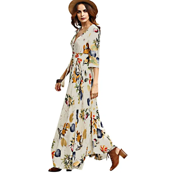 Bohemia Beige Summer Maxi Dresses 2018 Empire V-Neck 3/4 Sleeve Printing Flower Ankle Length Womens Clothing
