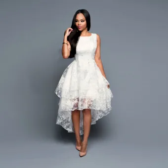 Haute Basse Blanche Organza Robes Longues 2018 Princesse Encolure Carrée Sans Manches Appliques En Dentelle Asymétrique Volants En Cascade Vêtements Femme