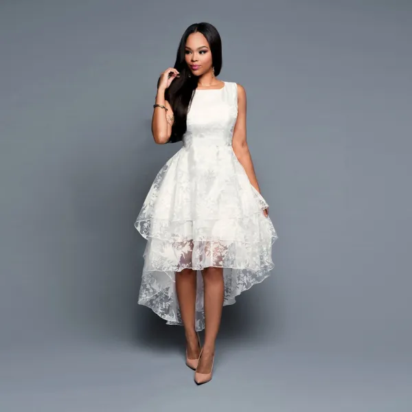 High Low White Organza Maxi Dresses 2018 A-Line / Princess Square Neckline Sleeveless Appliques Lace Asymmetrical Cascading Ruffles Womens Clothing