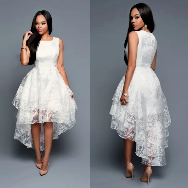Haute Basse Blanche Organza Robes longues 2018 Princesse Encolure Carrée Sans Manches Appliques En Dentelle Asymétrique Volants en Cascade Vêtements Femme