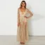 Sexy See-through Gold Maxi Dresses 2018 V-Neck Long Sleeve Glitter Tulle Lace-up Tassel Ankle Length Summer Womens Clothing