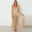Sexy See-through Gold Maxi Dresses 2018 V-Neck Long Sleeve Glitter Tulle Lace-up Tassel Ankle Length Summer Womens Clothing