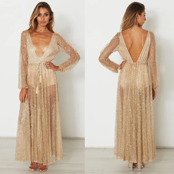 Sexy See-through Gold Maxi Dresses 2018 V-Neck Long Sleeve Glitter Tulle Lace-up Tassel Ankle Length Summer Womens Clothing