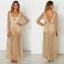 Sexy See-through Gold Maxi Dresses 2018 V-Neck Long Sleeve Glitter Tulle Lace-up Tassel Ankle Length Summer Womens Clothing