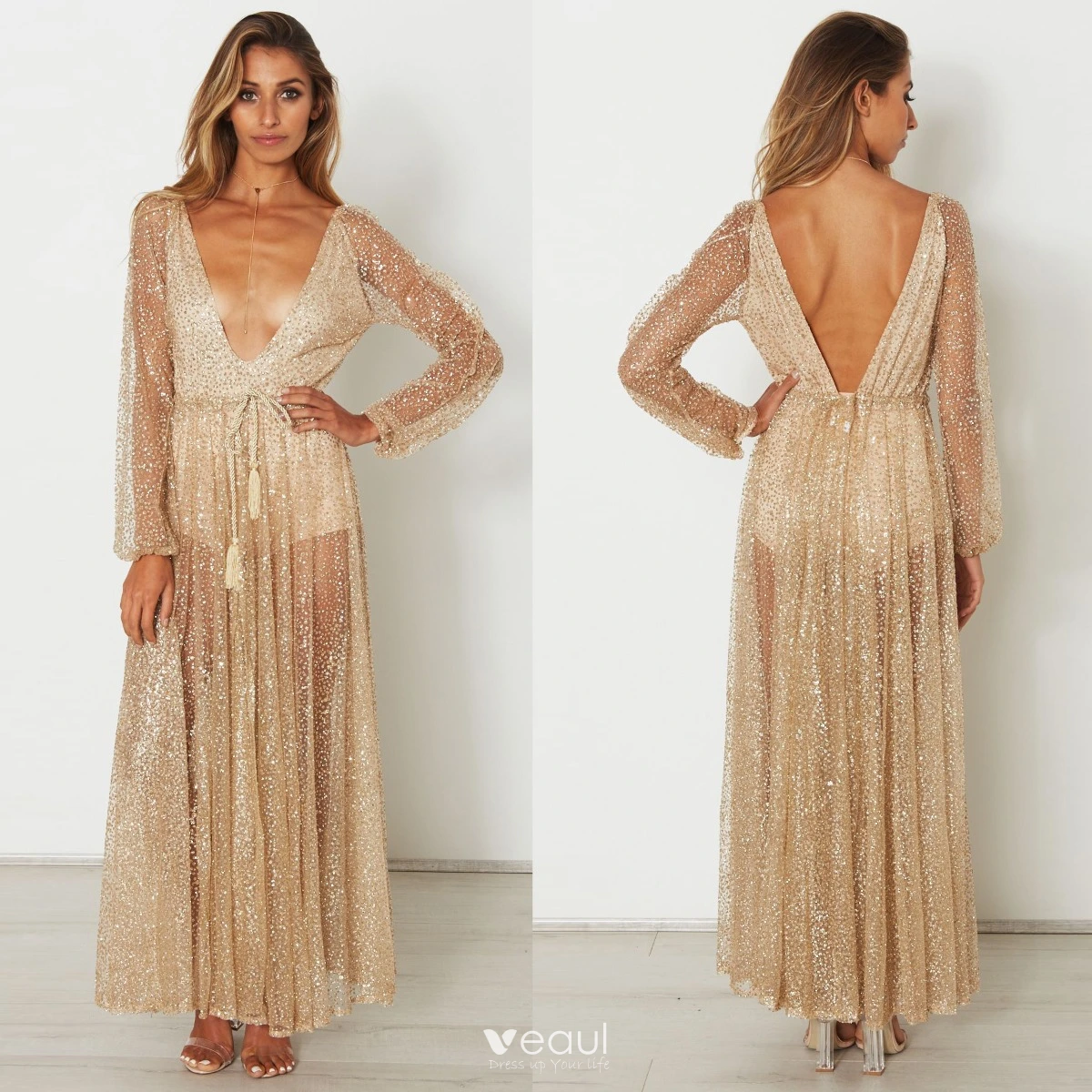 Sexy See Through Gold Maxi Dresses 2018 V Neck Long Sleeve Glitter Tulle  Lace Up Tassel Ankle Length Summer Womens Clothing