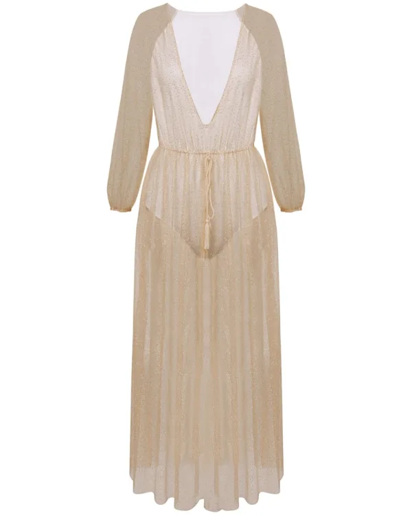 Sexy See-through Gold Maxi Dresses 2018 V-Neck Long Sleeve Glitter Tulle Lace-up Tassel Ankle Length Summer Womens Clothing
