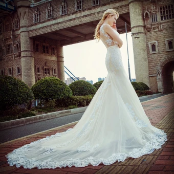 Sexy Champagne Pierced Wedding Dresses 2017 Trumpet Mermaid Appliques Lace Scoop Neck Sleeveless Court Train