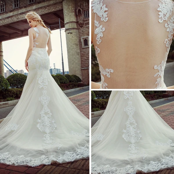 Sexy Champagne Pierced Wedding Dresses 2017 Trumpet / Mermaid Appliques Lace Scoop Neck Sleeveless Court Train