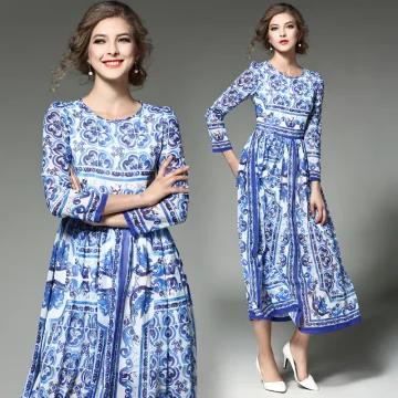Modern Koninklijk Blauw Chiffon Maxi Jurken 2018 Ronde Hals Lange Mouwen Het Drukken Bloem Tea Length Dameskleding