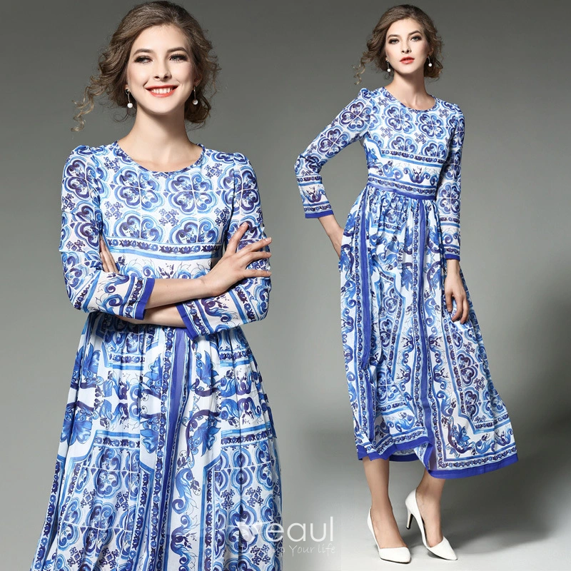 Veaul Modern Fashion Royal Blue Chiffon Maxi Dresses 2018 Scoop Neck Long Sleeve Printing