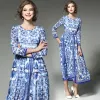 Modern / Fashion Royal Blue Chiffon Maxi Dresses 2018 Scoop Neck Long Sleeve Printing Flower Tea-length Womens Clothing