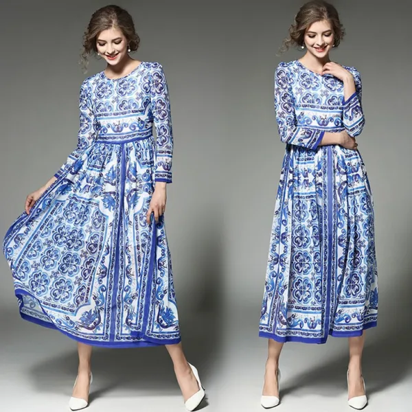 Modern / Fashion Royal Blue Chiffon Maxi Dresses 2018 Scoop Neck Long Sleeve Printing Flower Tea-length Womens Clothing