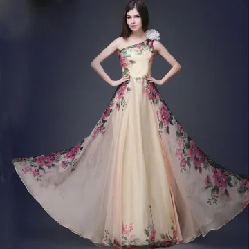 Chic Beautiful Beige Chiffon Maxi Dresses 2018 A Line Princess Artificial Flowers One Shoulder Sleeveless Printing Flower Floor Length Long Ruffle Backless Womens Clothing